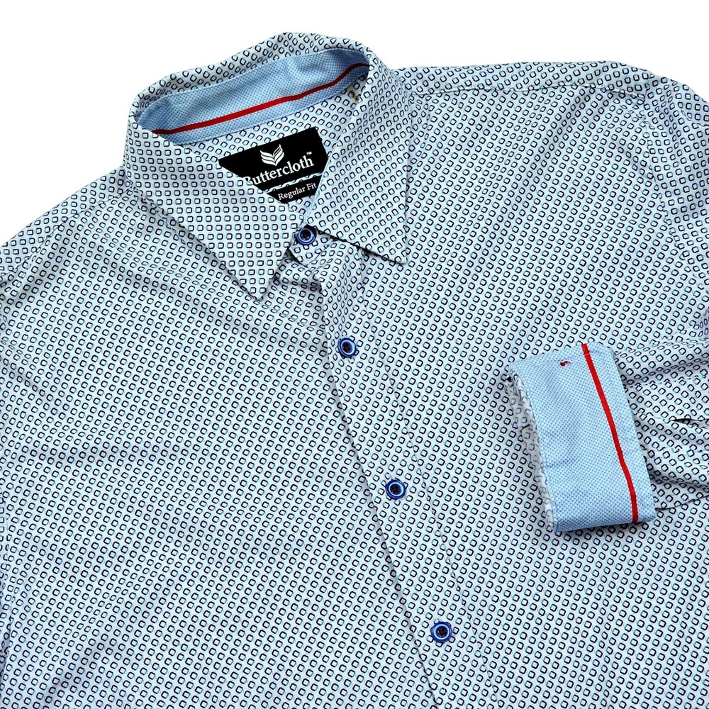 Buttercloth Button Down Mens L Blue White Geometric Regular Fit Knit Shirt
